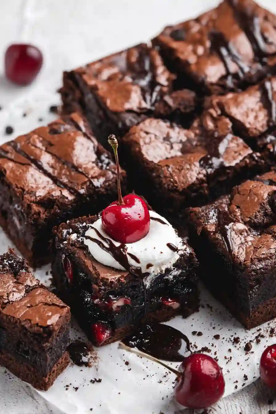 Black-Forest-Brownies-post2 Mid-bake black forest brownies in pan with cherry syrup drizzle