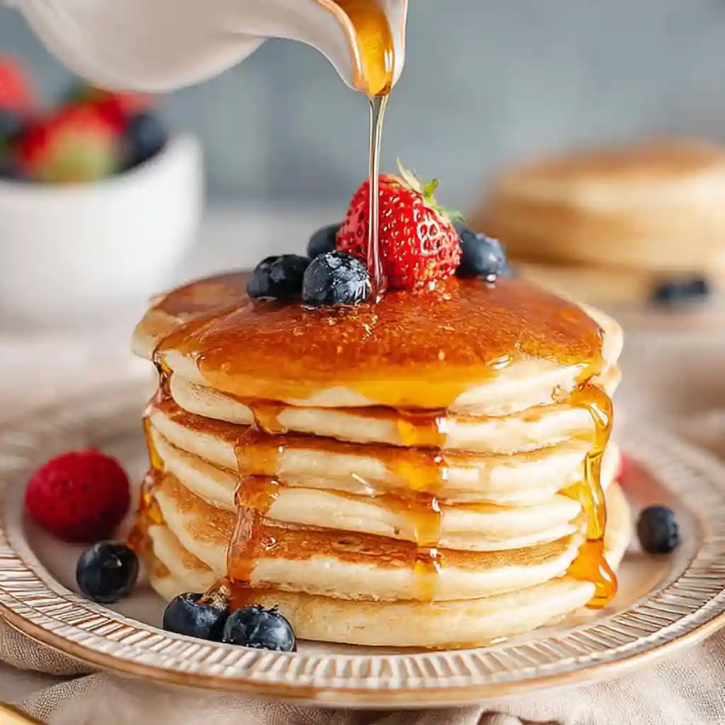 Pouring syrup over fluffy pancake stack topped with strawberries and blueberries