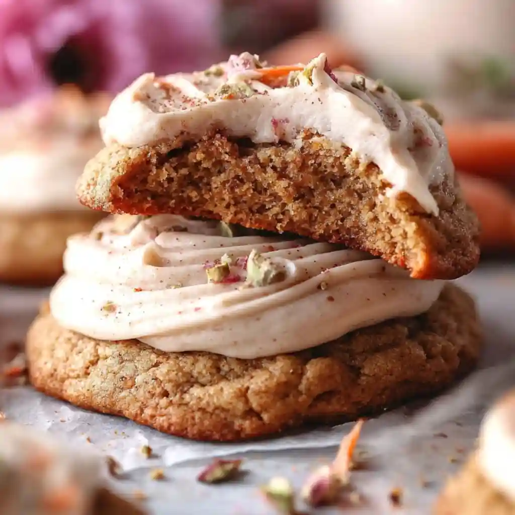 Frosted carrot cake cookie with a bite taken out, topped with creamy spiced frosting