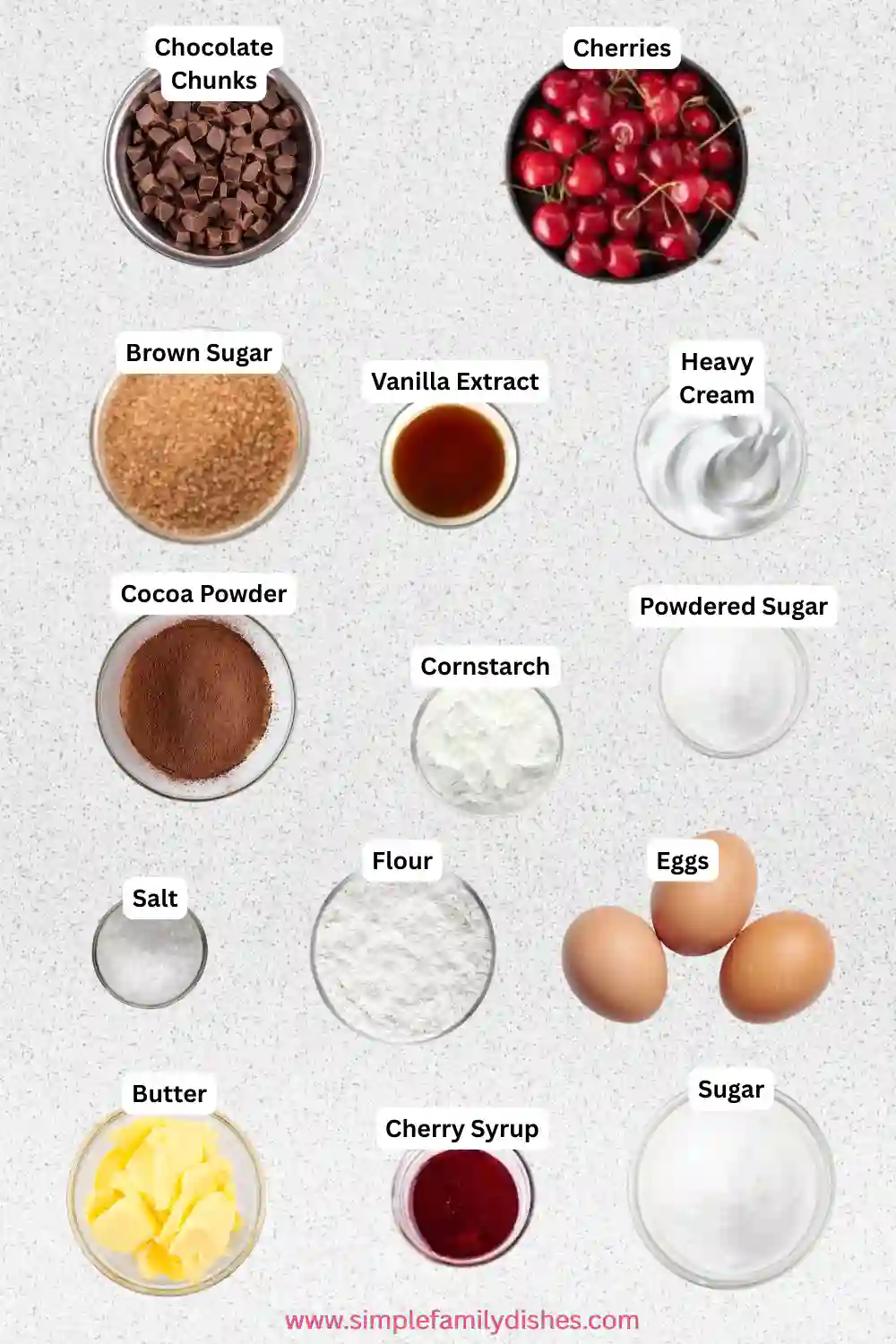 black-forest-brownies-ingredients Labeled ingredients for black forest brownies on white background