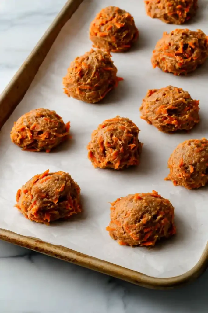 The Best Carrot Cake Cookies, Soft, Moist, and Perfectly Spiced 12 Scooped Carrot Cake Cookie Dough on Baking Sheet