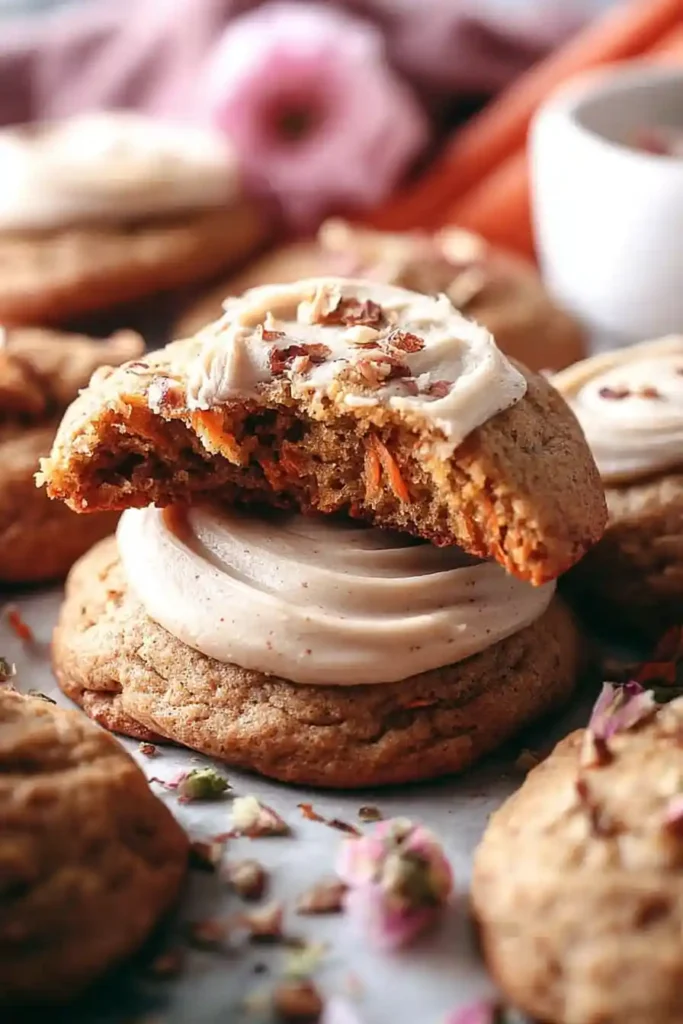 The Best Carrot Cake Cookies, Soft, Moist, and Perfectly Spiced 13 Frosted carrot cake cookies with a bite taken out, showcasing moist texture