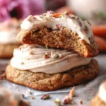 Frosted carrot cake cookies with a bite taken out, showcasing moist texture