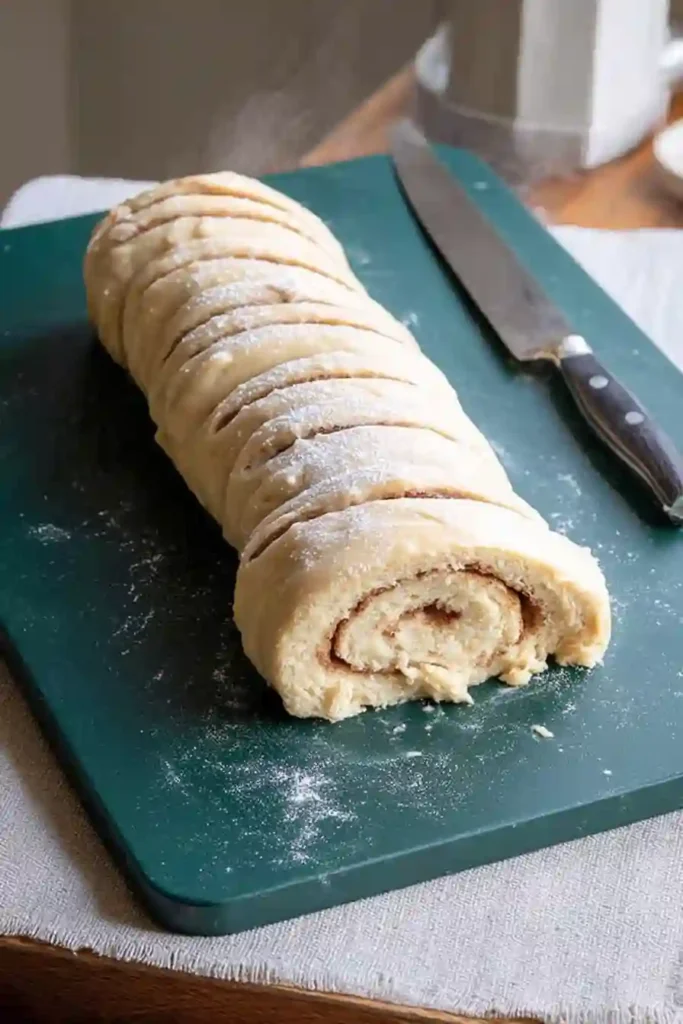 How to Make Cinnamon Roll Scones That Delight Every Bite 12 Rolled cinnamon roll scone dough log being sliced on a green board