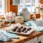 Recipe card for coconut eggs with finished candy on counter