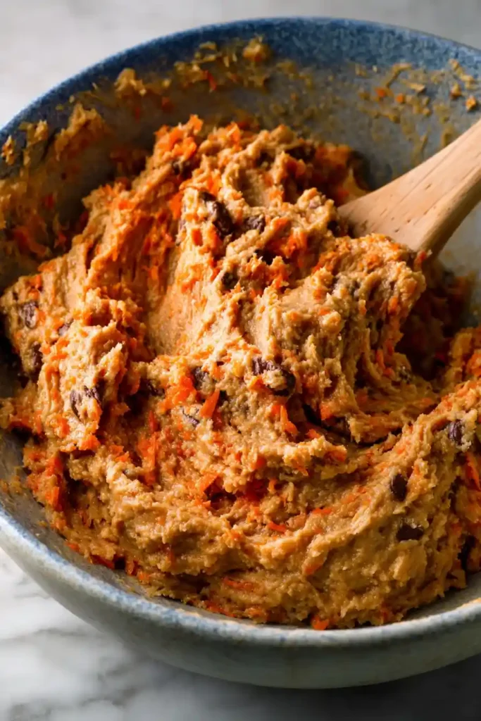 The Best Carrot Cake Cookies, Soft, Moist, and Perfectly Spiced 11 Close-up of carrot cake cookie dough with shredded carrots and raisins in a bowl