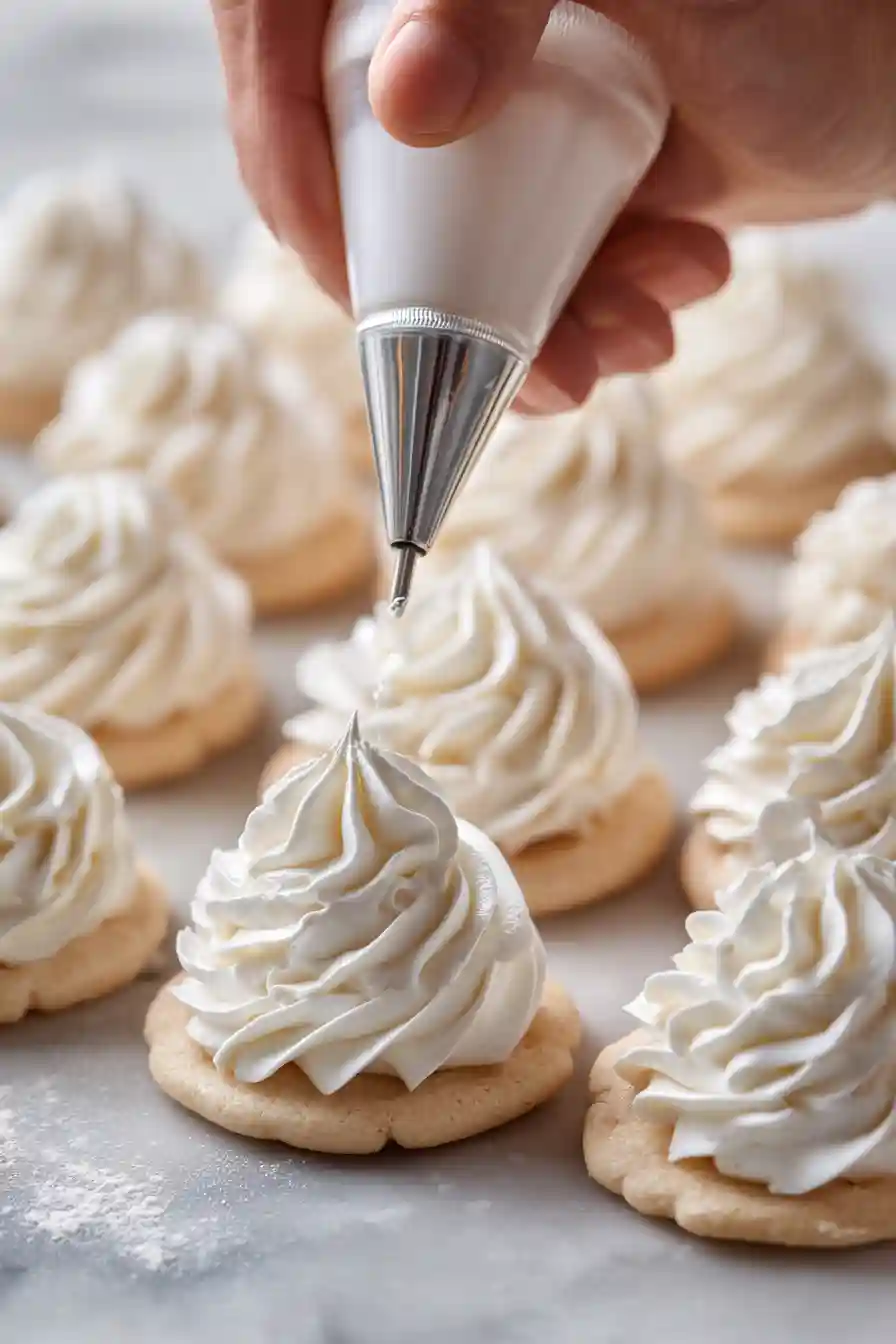 lemon-meringue-pipe Piping meringue onto lemon meringue pie cookies