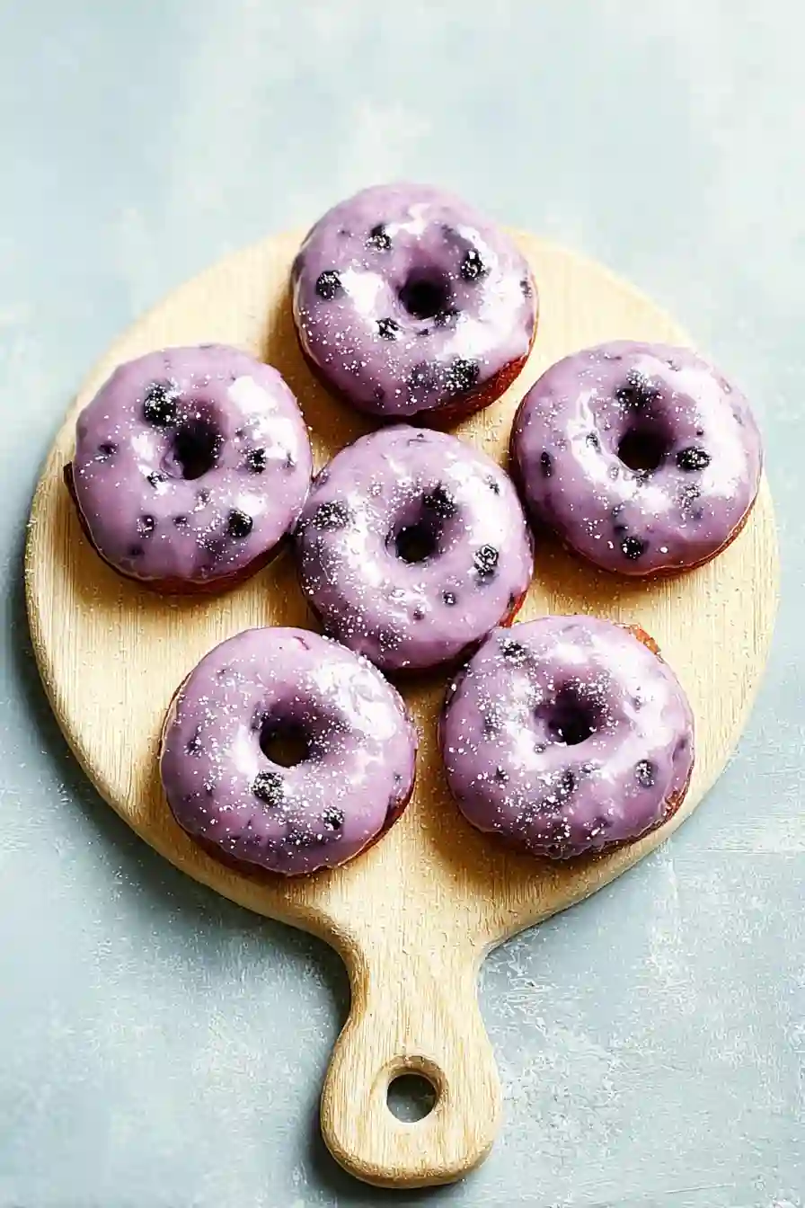 Glazed Blueberry Cake Donuts on Wooden Paddle Six blueberry cake donuts with glossy purple glaze on a wooden paddle board