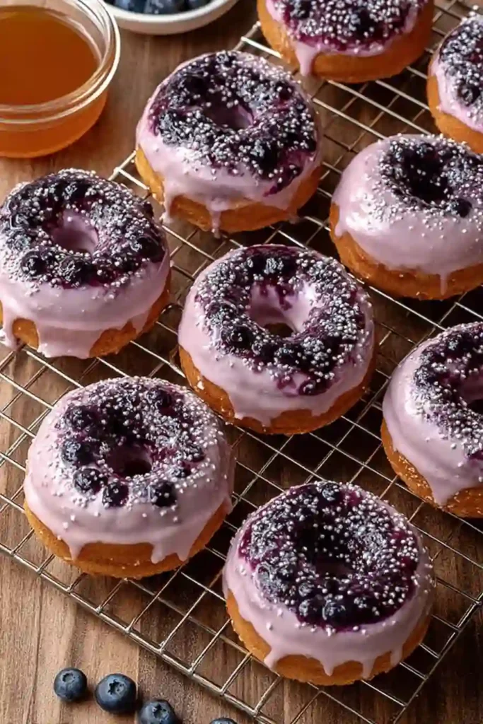 The Ultimate Blueberry Cake Donuts (Baked or Fried!) 18 Blueberry cake donuts with purple glaze and sprinkles on a cooling rack