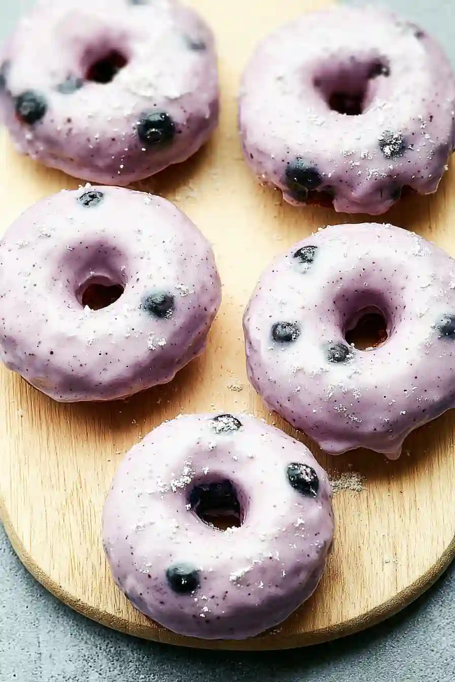Blueberry Cake Donuts with Purple Glaze Blueberry cake donuts topped with purple blueberry glaze on a wooden board