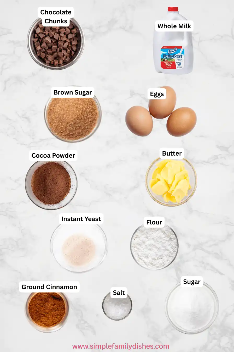 Chocolate-Brioche-ingredients Chocolate brioche ingredients displayed on a marble background