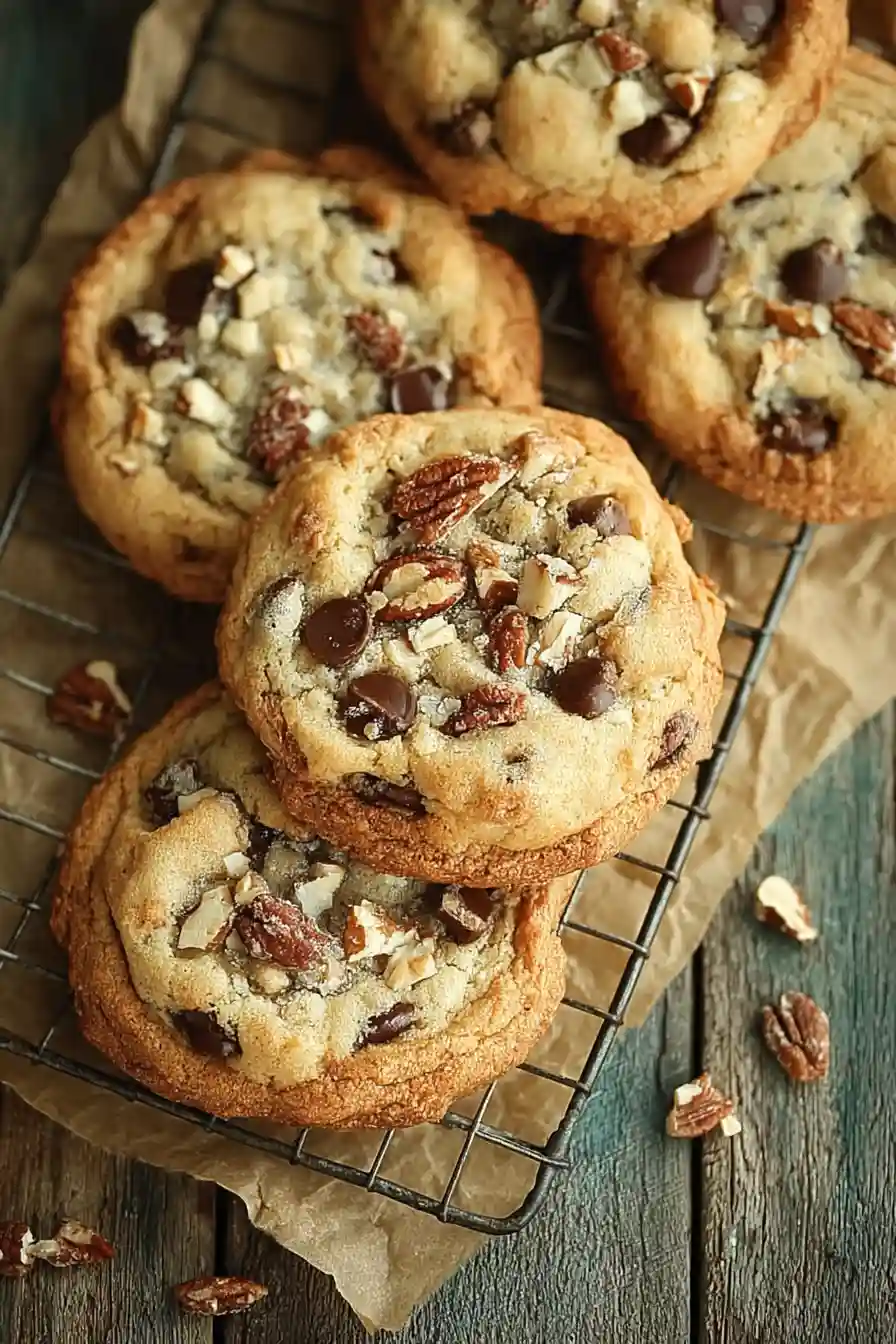 Chocolate Chip Pecan Cookies-1 Thick chocolate chip pecan cookies cooling on a metal rack