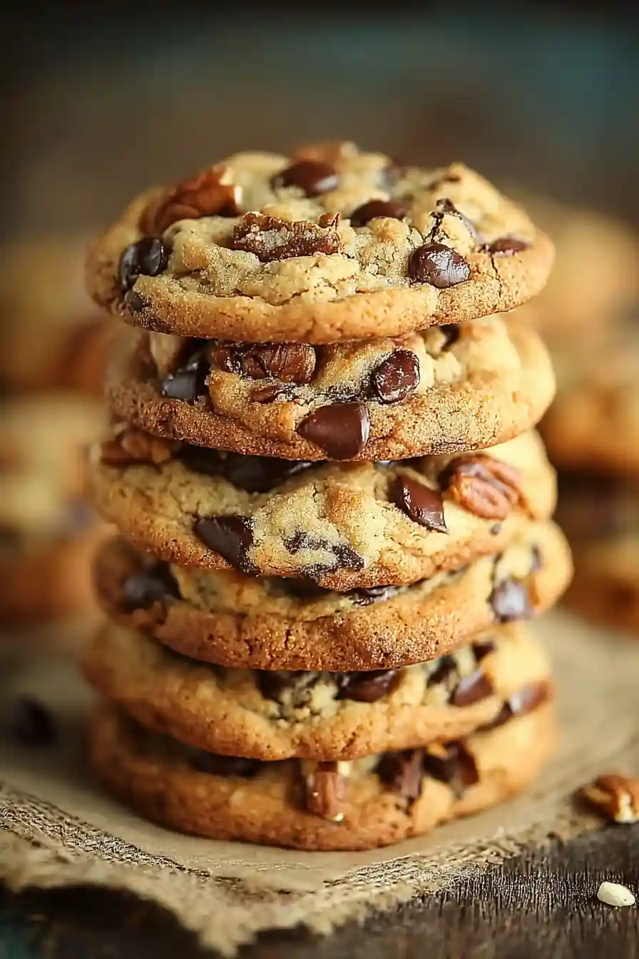 Chocolate Chip Pecan Cookies-2 Tower of chocolate chip pecan cookies stacked on rustic fabric