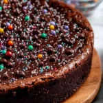 Cosmic brownie cake on a wooden platter topped with rainbow candy-coated chips.