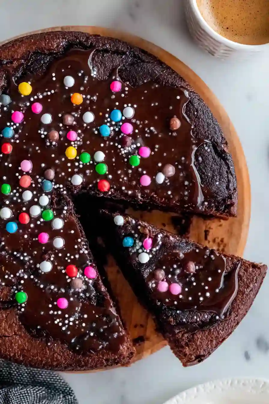 Cosmic-Brownie-Cake-3 Close-up of rainbow candy-coated chips on freshly baked cosmic brownie cake