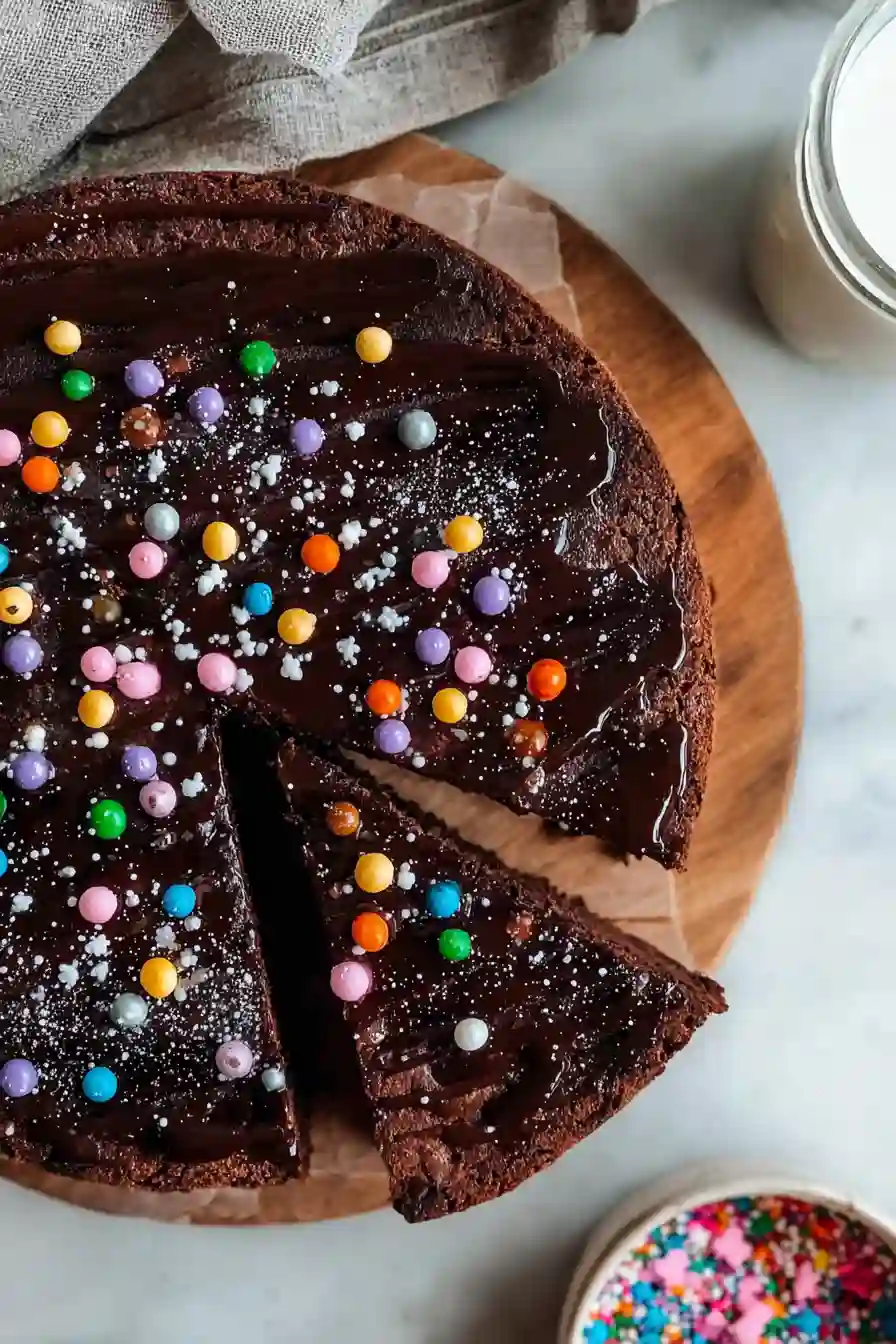 Cosmic-Brownie-Cake-4 Cosmic brownie cake with a slice cut out and colorful chips on top
