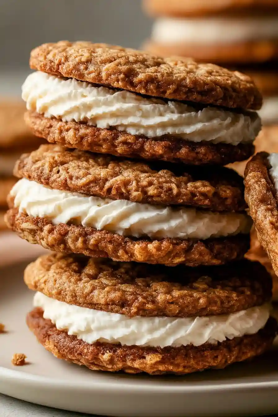 Protein-Oatmeal-Cream-Pies-1 Stack of protein oatmeal cream pies with fluffy cream filling