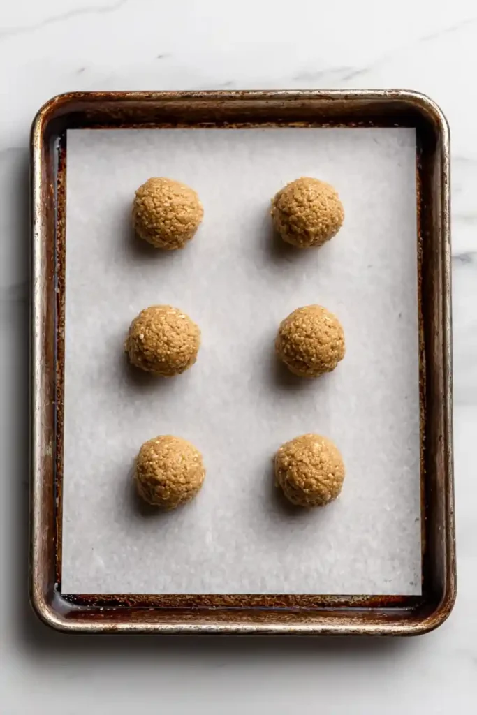 Protein Oatmeal Cream Pies That Taste Better Than Bakery 15 Six dough balls for protein oatmeal cream pies on parchment