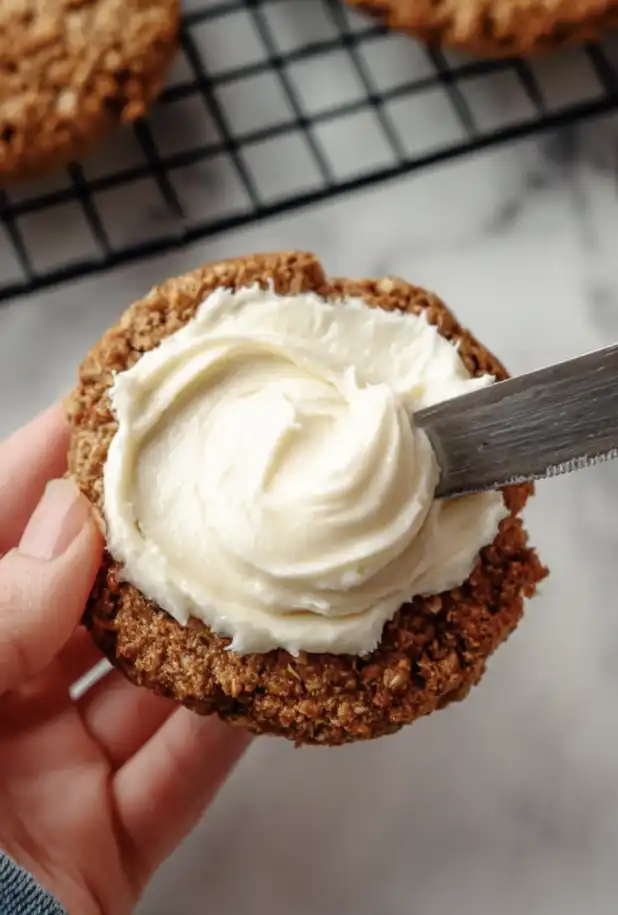 Protein Oatmeal Cream Pies That Taste Better Than Bakery 18 Spreading vanilla cream on an oatmeal cookie