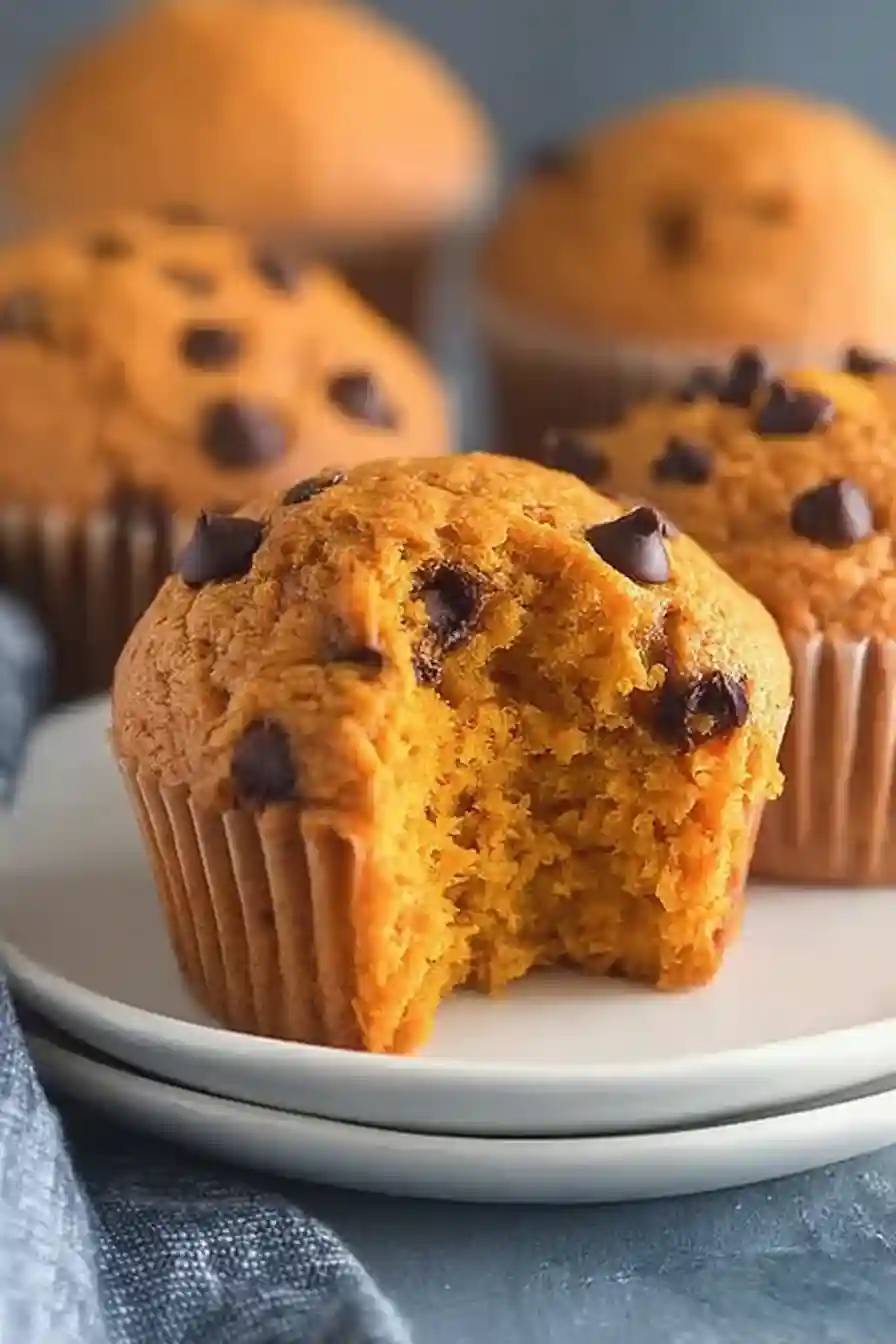 sourdough pumpkin muffins-1 Sourdough pumpkin muffin with chocolate chips and a bite taken out, on a white plate