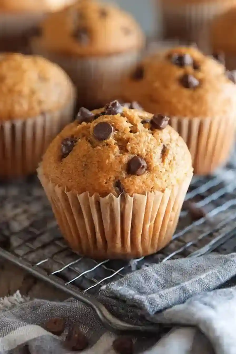 sourdough pumpkin muffins-2 Golden sourdough pumpkin muffin with chocolate chips on a cooling rack