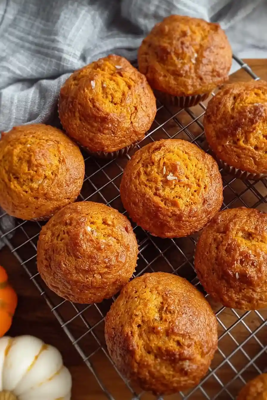 sourdough pumpkin muffins-3 Golden sourdough pumpkin muffins cooling on a wire rack with fall decor