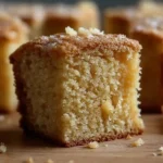 Thick, moist slice of brown butter cake with a caramelized top on a wooden board
