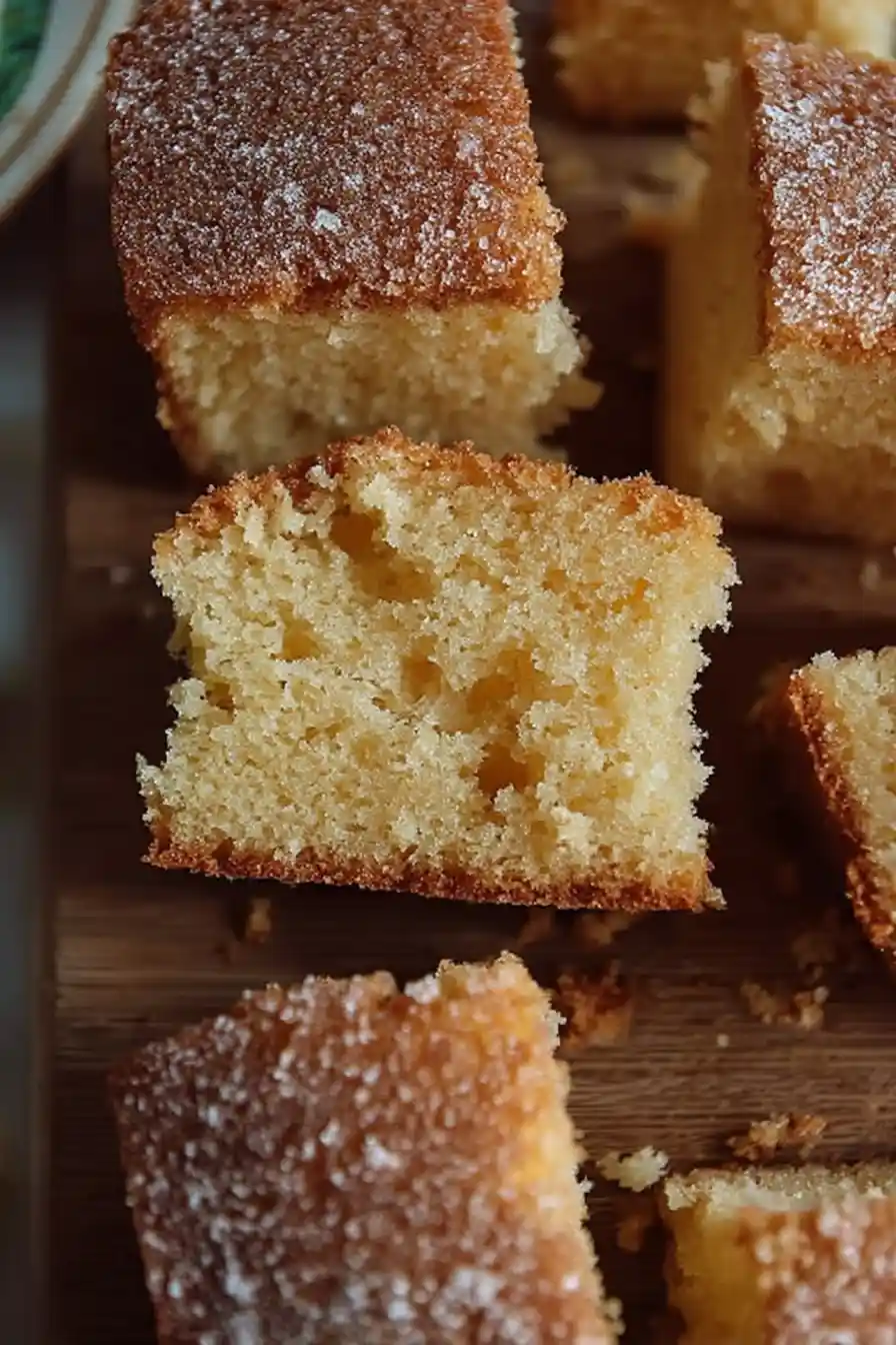 Brown-Butter-Cake A finished slice of brown butter cake, showing the moist crumb and sugared crust