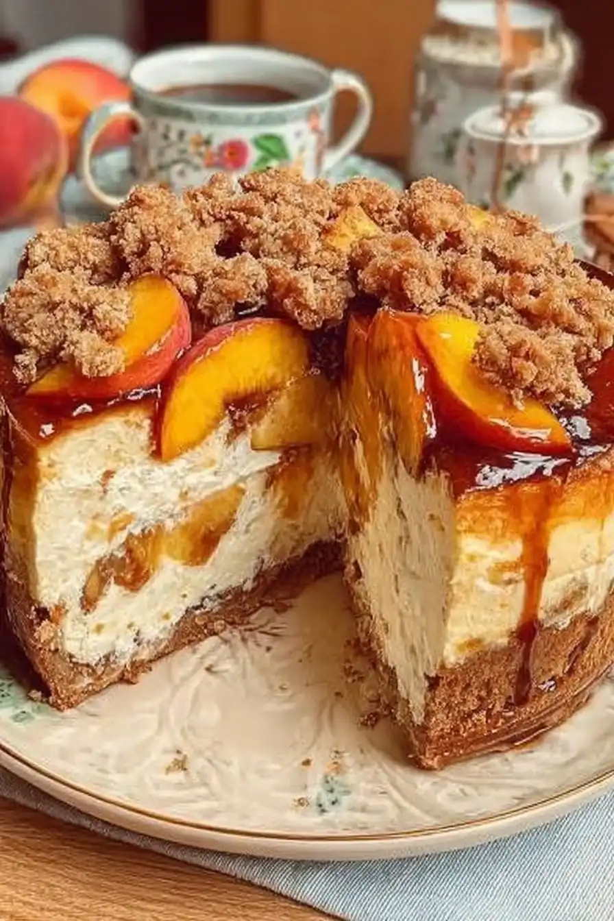 Italian-Style Ricotta Cheesecake with Roasted Peaches