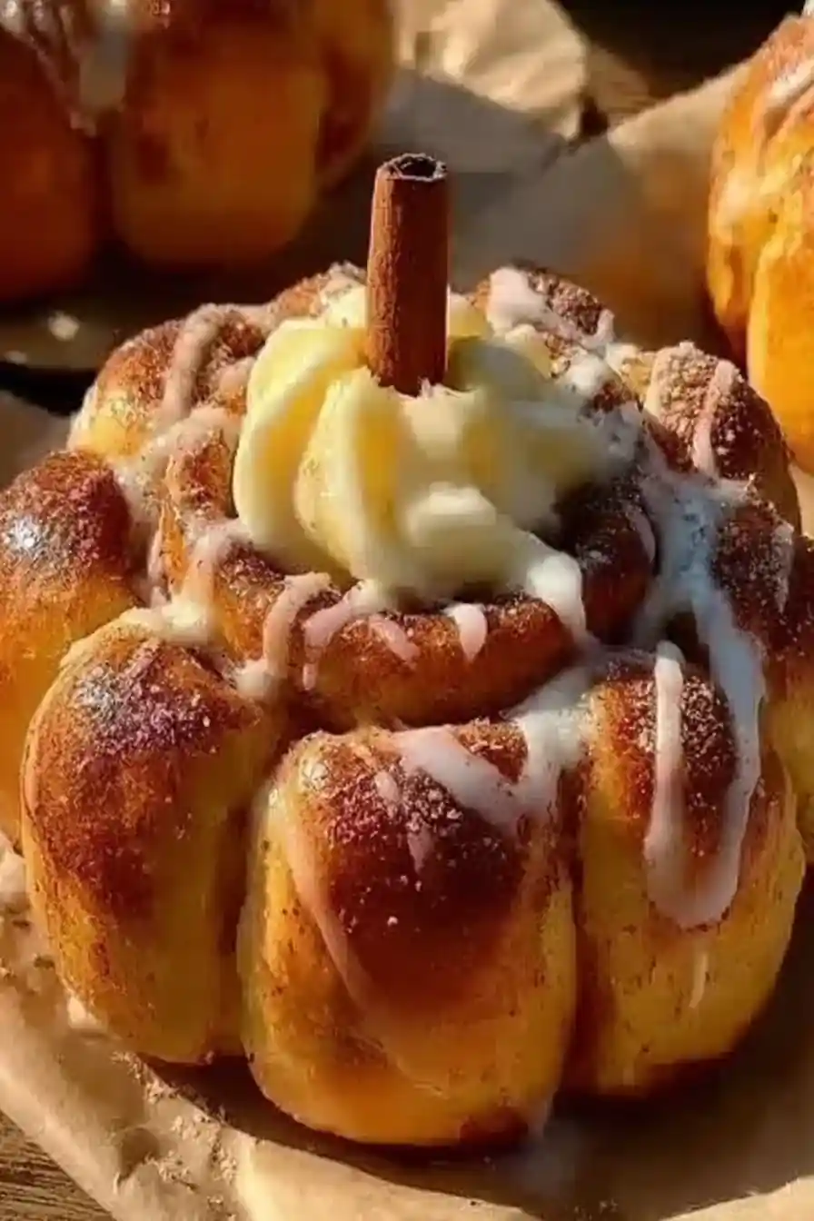 Pumpkin Shaped Cinnamon Rolls with Cream Cheese Frosting