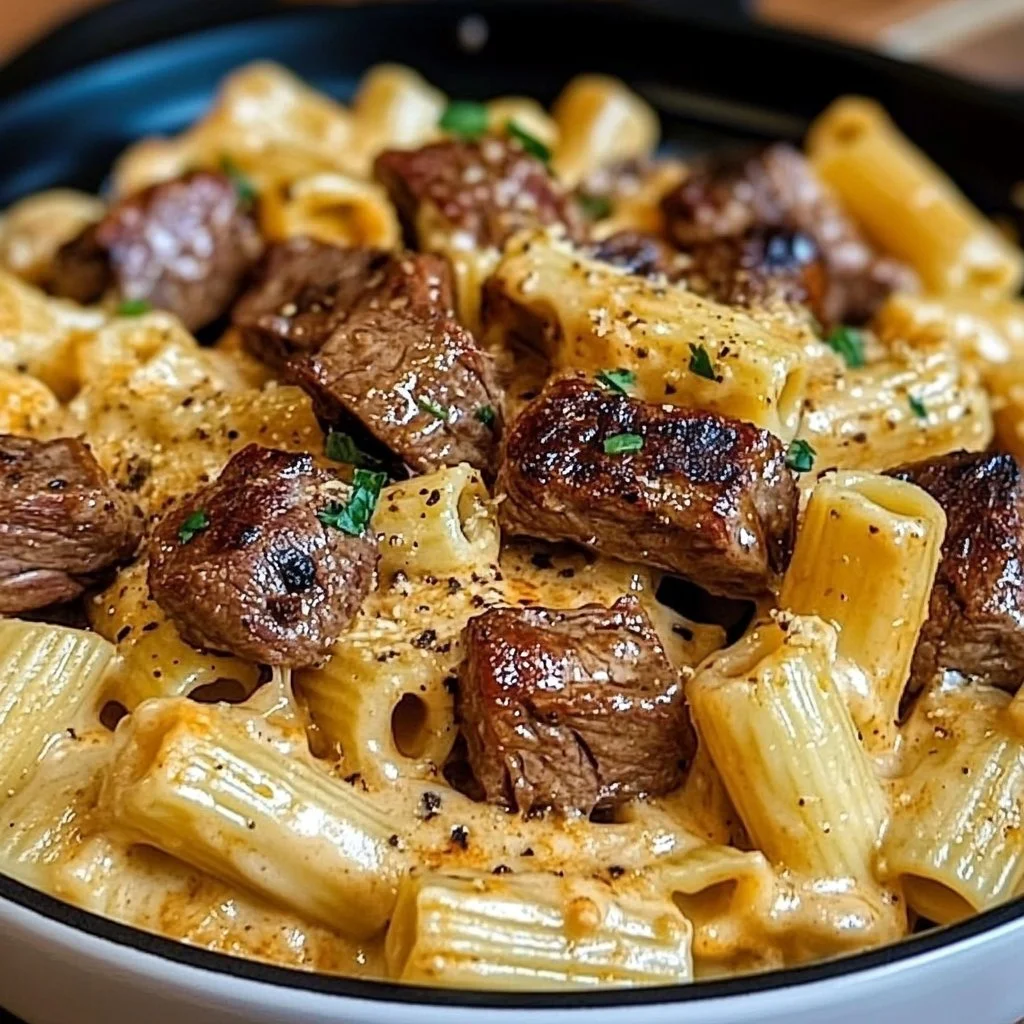Cajun Steak Tips with Cheesy Rigatoni