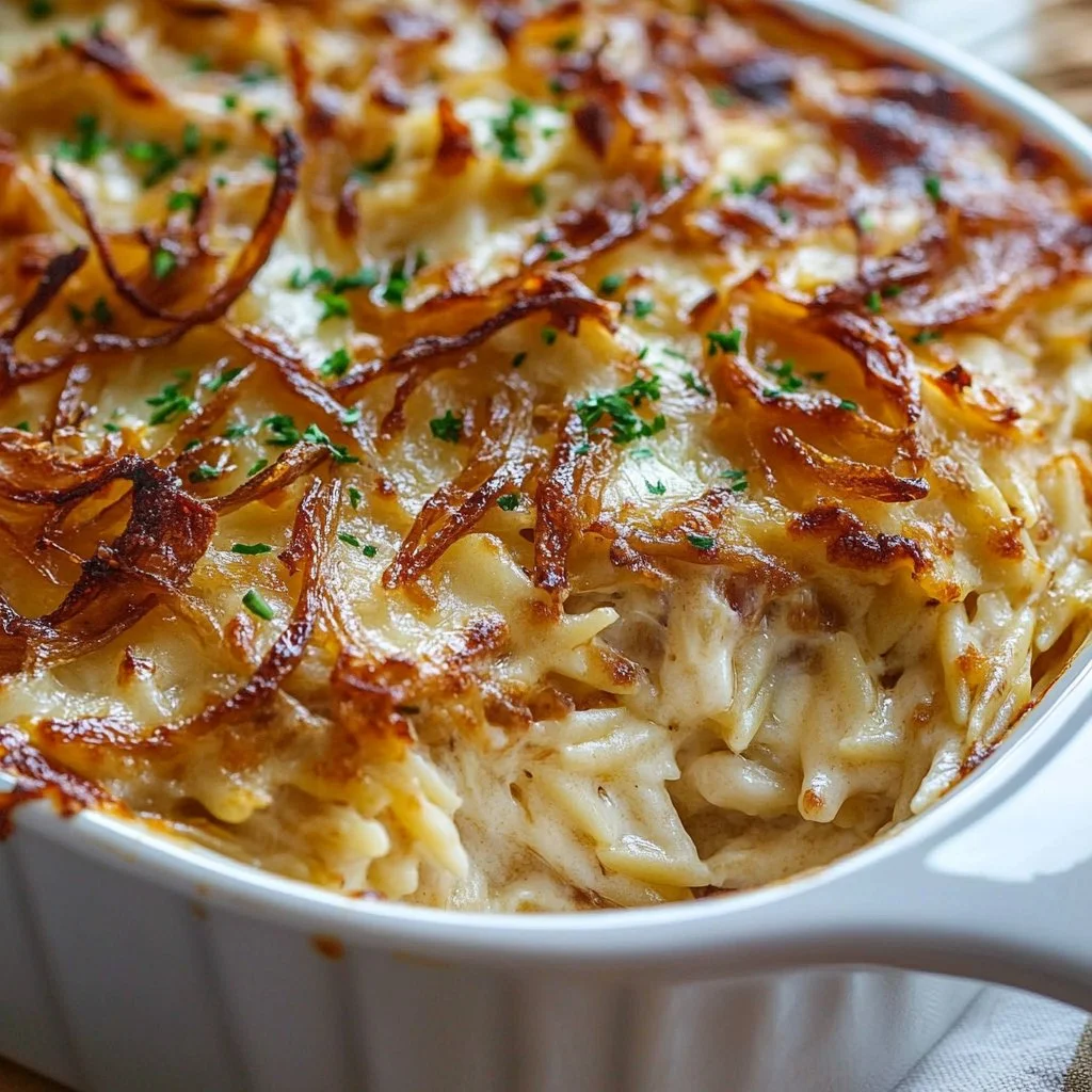 French Onion Chicken Orzo Casserole