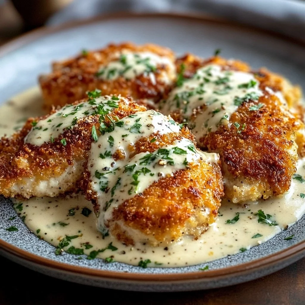 Crispy Parmesan Chicken with Garlic Cream Sauce