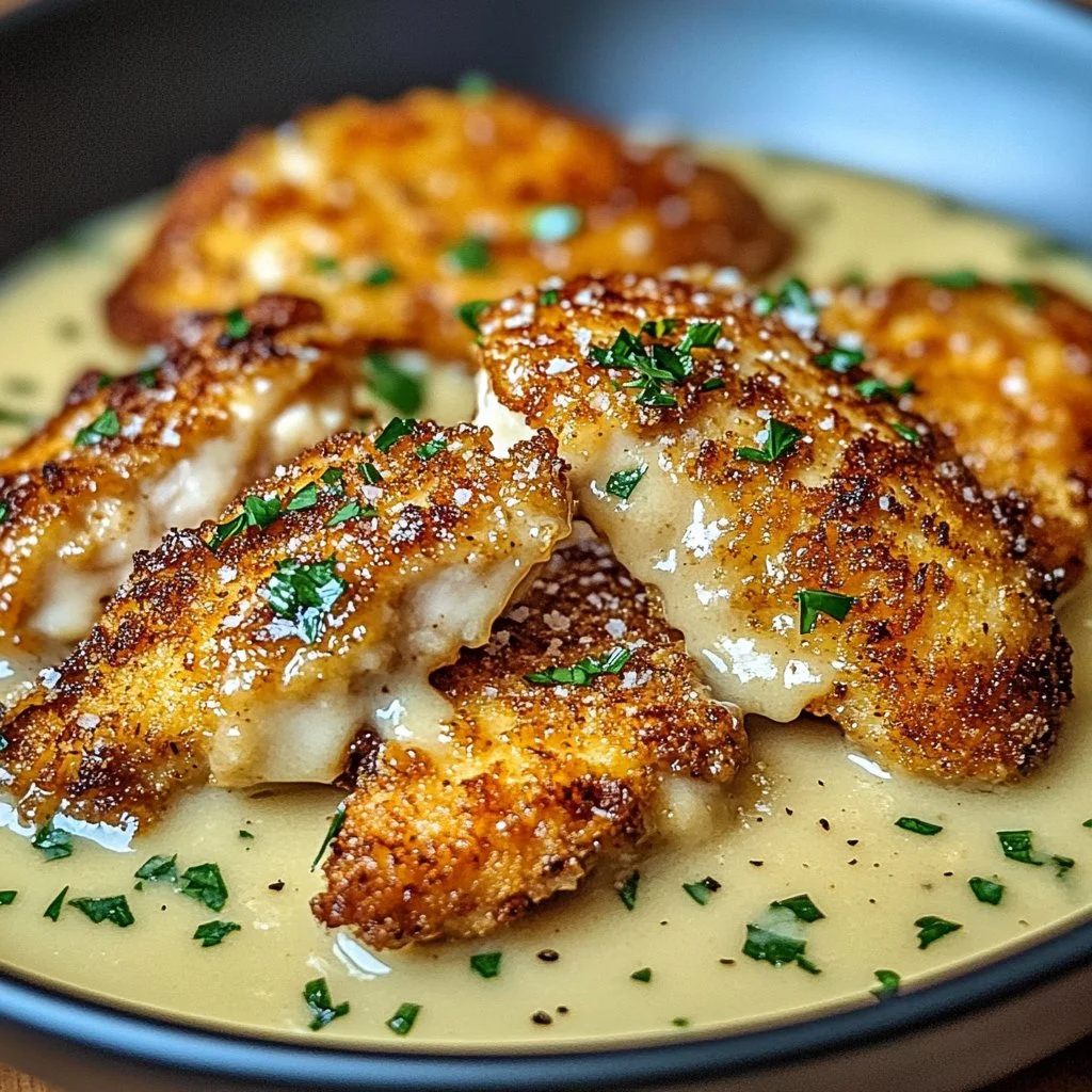 Crispy Parmesan Chicken with a Rich Garlic Sauce - Easy Dinner Idea