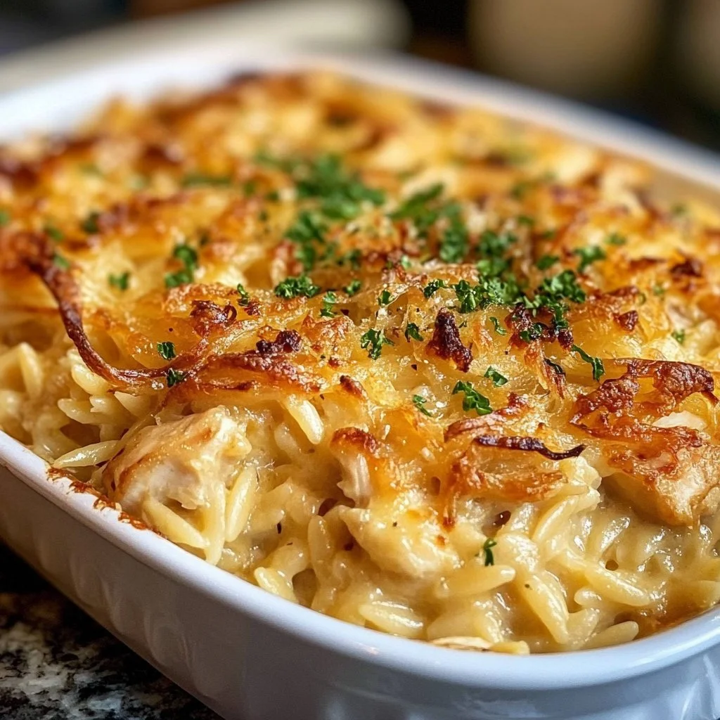 French Onion Chicken Orzo Casserole