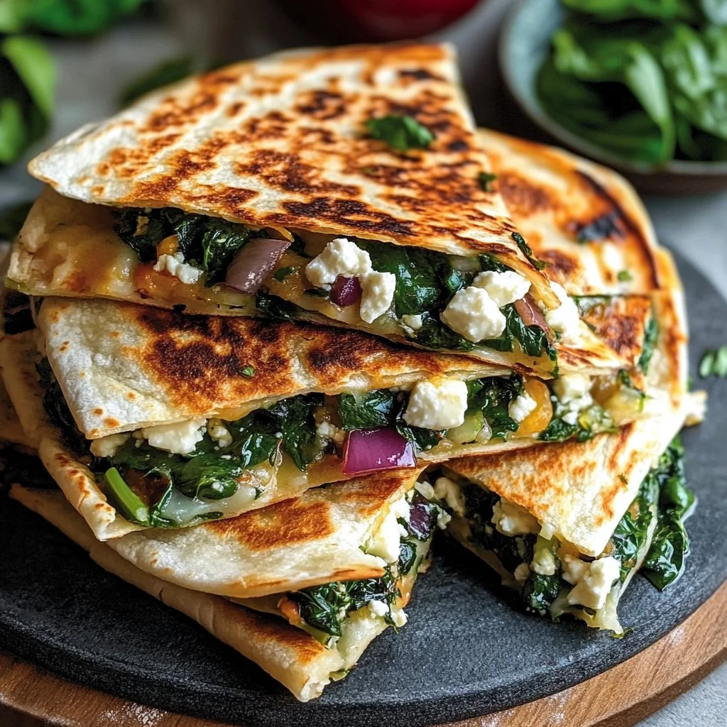 Mediterranean Quesadillas with Spinach, Feta, Mozzarella, and Red Onion