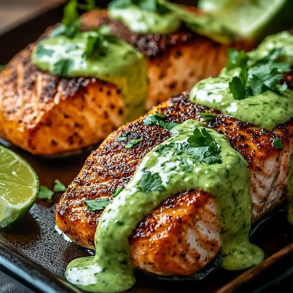 Baked Cajun Salmon with Creamy Avocado Lime Sauce