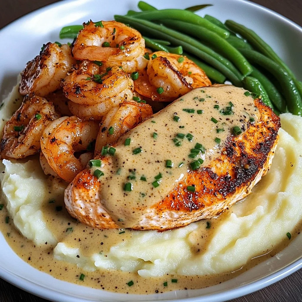 Cajun Shrimp and Salmon with Garlic Cream Sauce, Mashed Potatoes, and Green Beans: A Flavor-Packed Dinner to Impress