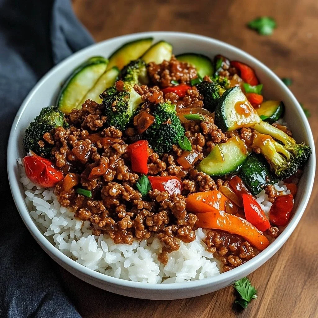 Spicy Ground Beef Stir-Fry Bowl with Garlic Veggies & Steamy Rice
