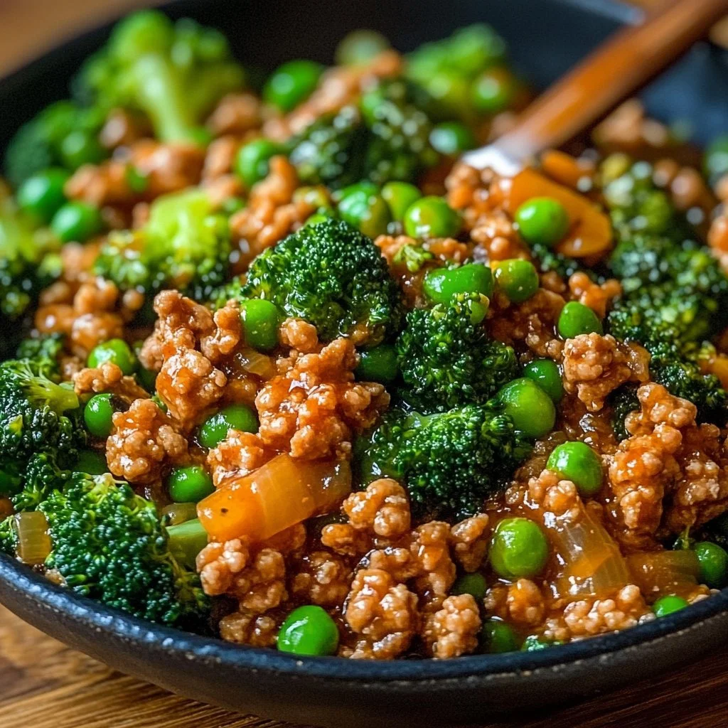 Teriyaki Ground Turkey with Broccoli and Peas