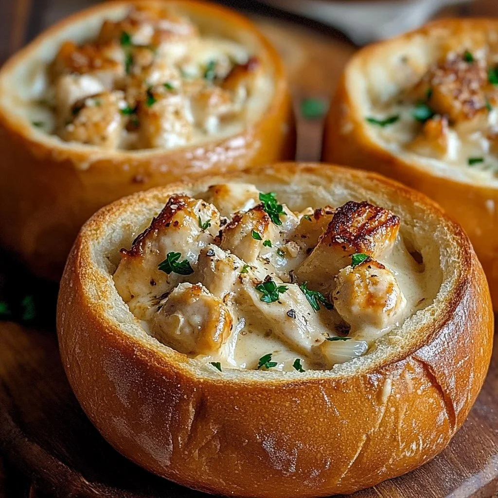 Chicken Alfredo Garlic Bread Bowls
