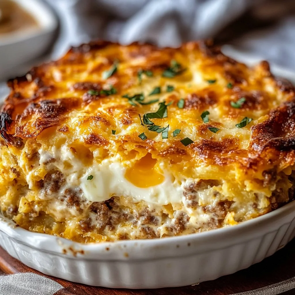 Sausage Egg and Cream Cheese Hashbrown Casserole Awaits You!