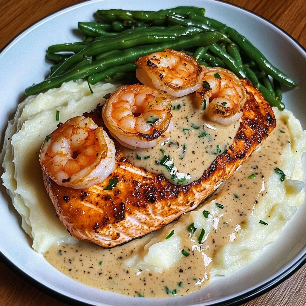 Creamy Cajun Shrimp and Salmon 3 Cajun Shrimp and Salmon with Garlic Cream Sauce, Mashed Potatoes, and Green Beans: A Flavor-Packed Dinner to Impress
