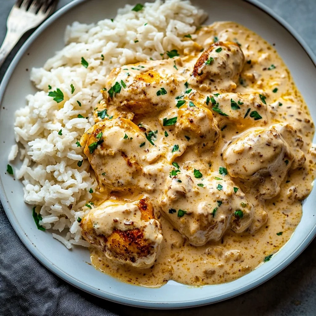 CREAMY SMOTHERED CHICKEN AND RICE RECIPE