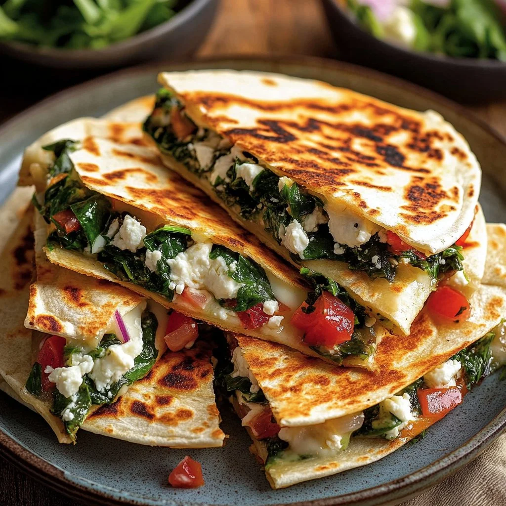 Mediterranean Quesadillas with Spinach, Feta, Mozzarella, and Red Onion