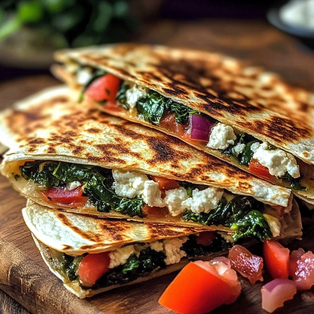 Mediterranean Quesadillas with Spinach, Feta, Mozzarella, and Red Onion