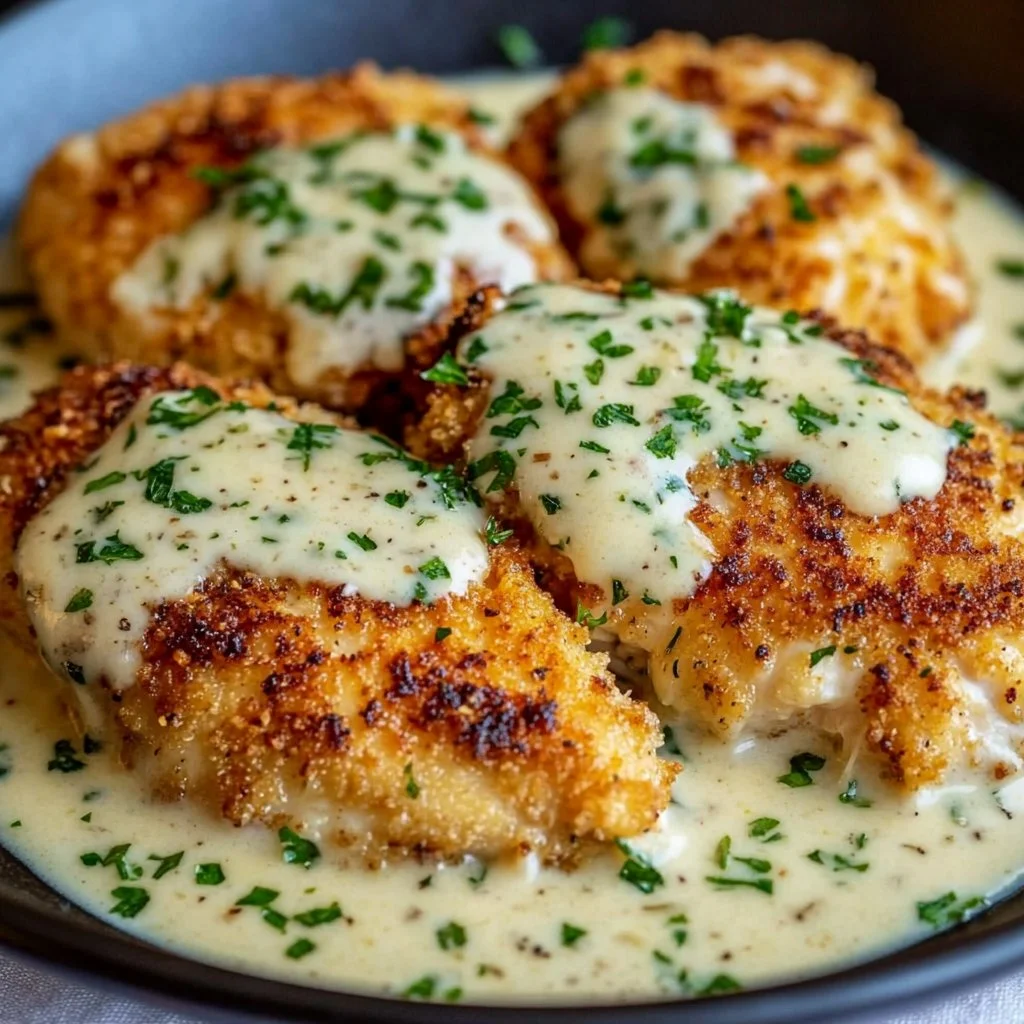 Parmesan Crusted Chicken with Creamy Garlic Sauce – Easy Family Dinner Recipe