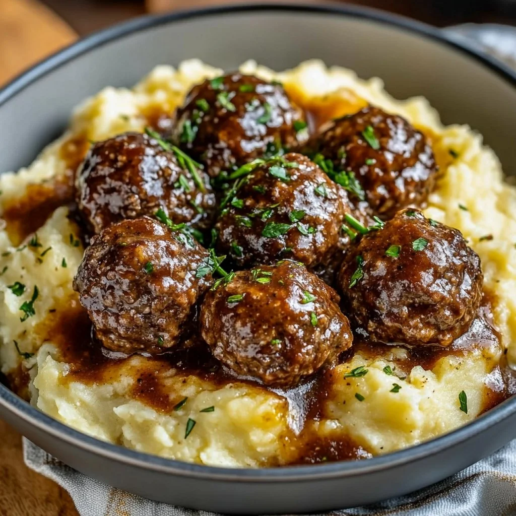 Salisbury Steak Meatballs with Garlic Herb Mashed Potatoes