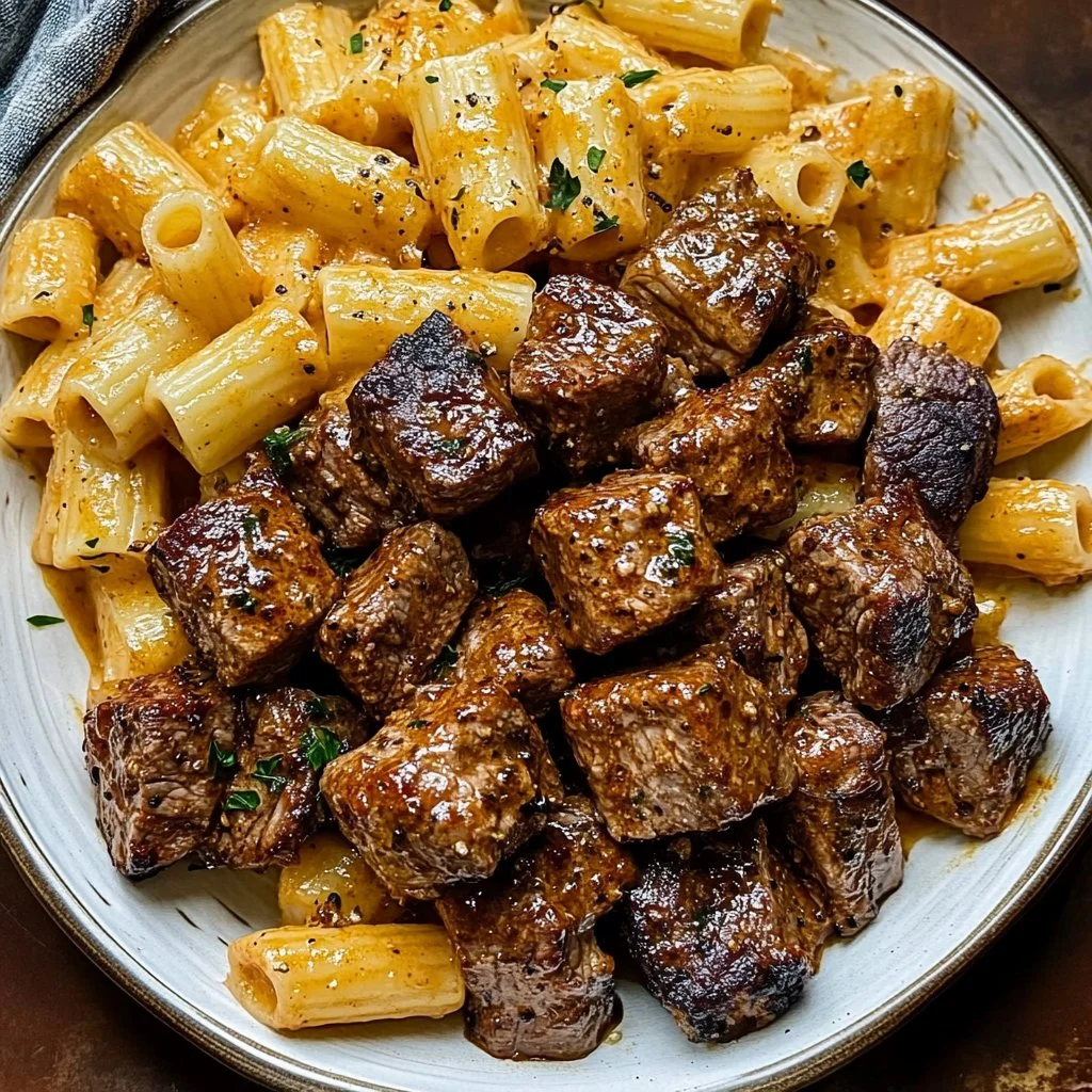 Cajun Steak Tips with Cheesy Rigatoni