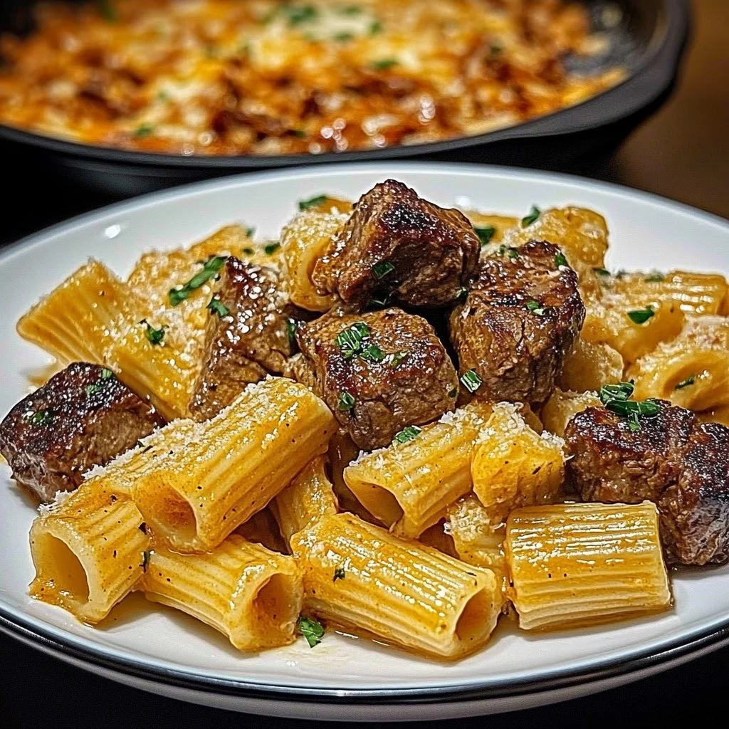 Cajun Steak Tips with Cheesy Rigatoni